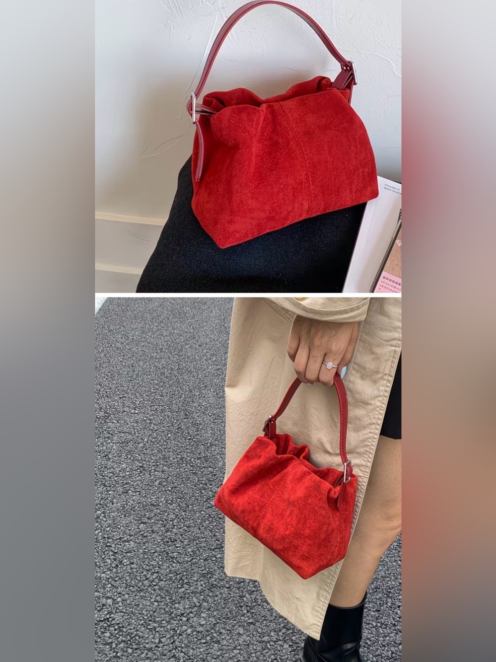 Red Suede Top-Handle Drawstring Bag